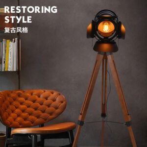 Retro Spotlight Tripod Floor Lamp，Cast in iron. Grounded in walnut.